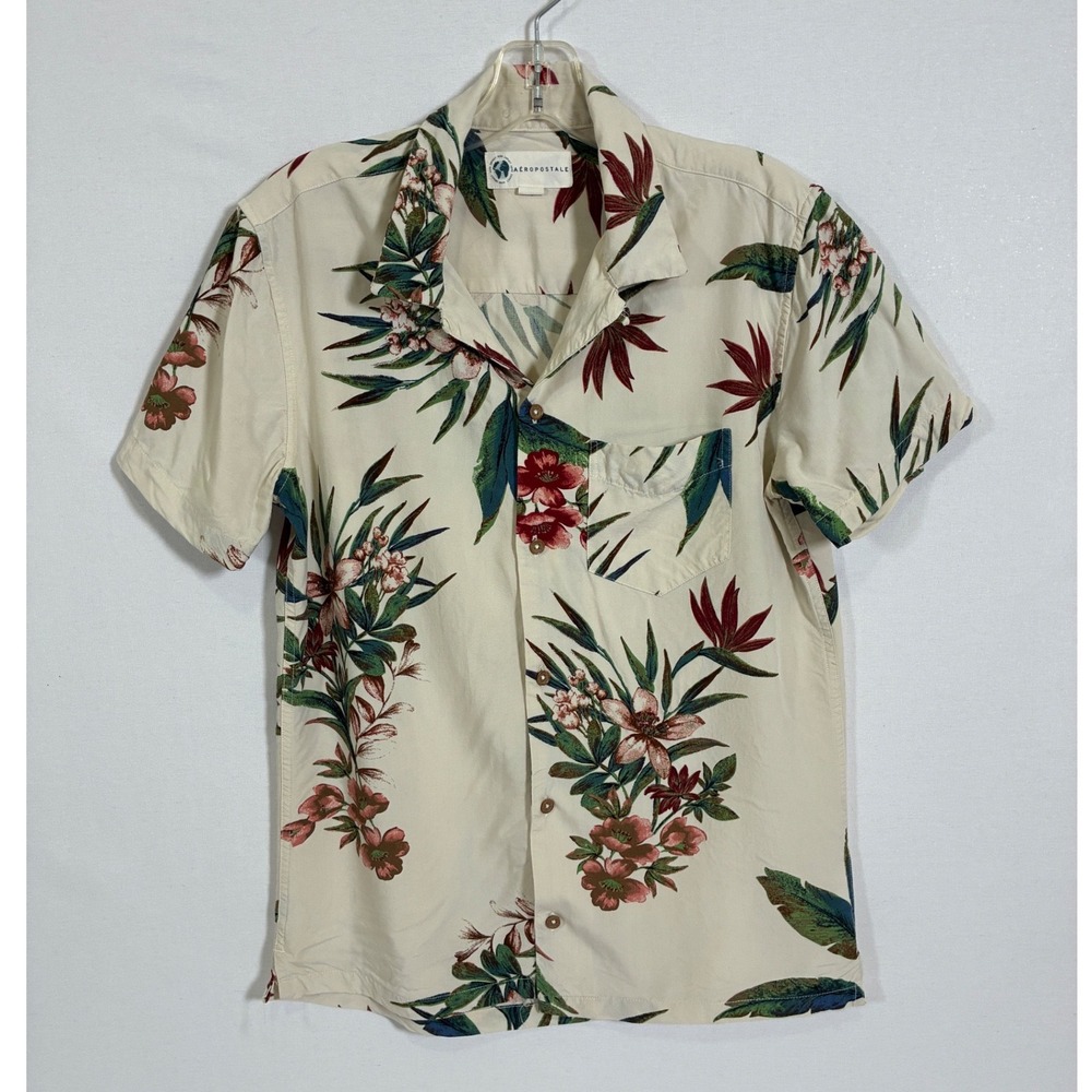 Aeropostale Mens Floral Tropical Short Sleeve Button Down Shirt Cream Small